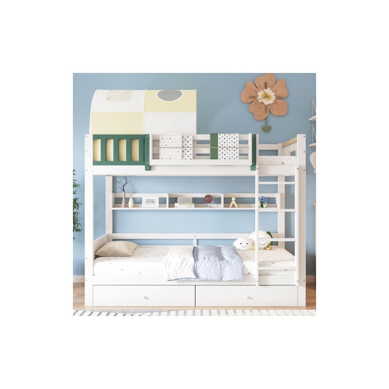 foto del prodotto minkurow letto a castello, letto a casa, lettino per bambini, letto a castello superiore con piccola tenda, con protezione anticaduta e griglia,