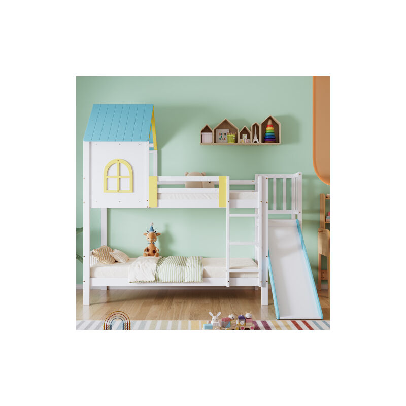 foto del prodotto minkurow letto a castello, letto a casetta, lettino per bambini, lettino per bambini con tetto e finestra, con protezione anticaduta e griglia, con