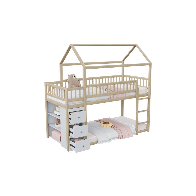 foto del prodotto minkurow letto a castello per bambini 90200 cm, a forma di casa, design con recinzione di sicurezza, con cassapanca e ripiani, letto a soppalco