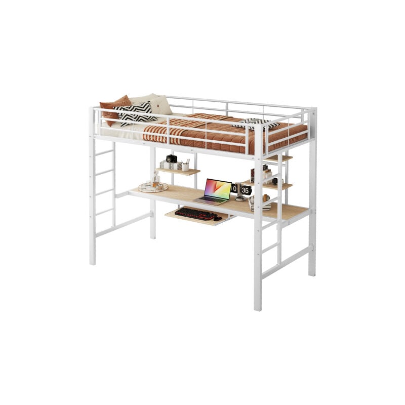 foto del prodotto minkurow letto a soppalco, 90200 cm, struttura in metallo, letto in ferro, letto a soppalco con scrivania e due librerie per bambini, ragazzi e
