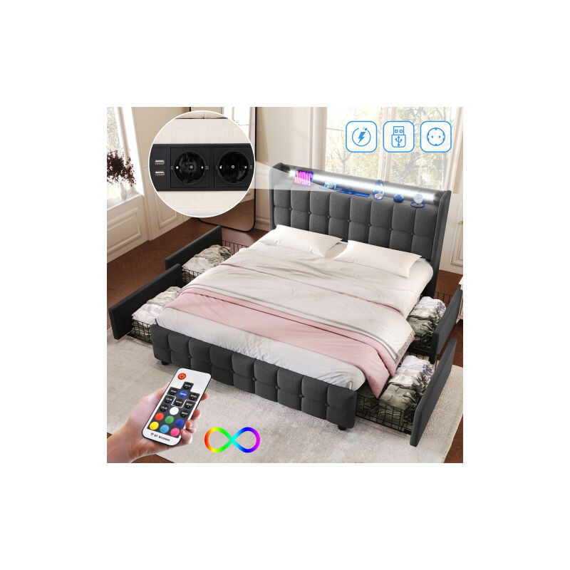 foto del prodotto minkurow letto imbottito con funzione di ricarica usb, testiera e illuminazione a led e 4 cassetti, letto matrimoniale 180x200 cm spazio