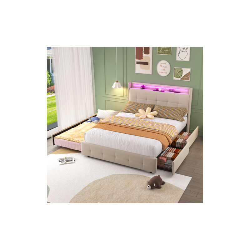 foto del prodotto minkurow letto matrimoniale con testiera con ricarica usb, letto estraibile, letto imbottito con illuminazione led e 2 cassetti, giroletto
