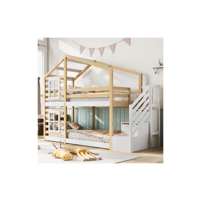 foto del prodotto minkurow letto per bambini casa sull albero 90 x 200 cm, letto a castello per bambini con design a finestra con contenitore e protezione