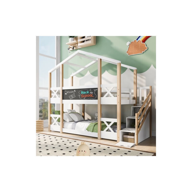 foto del prodotto minkurow letto per bambini casa sull albero con contenitore e protezione anticaduta 90 x 200 cm, letto a soppalco per bambini 2x reti a doghe