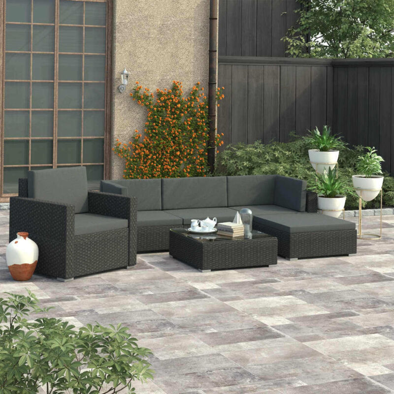 foto del prodotto minkurow set divani da giardino 6 pz con cuscini in polyrattan nero