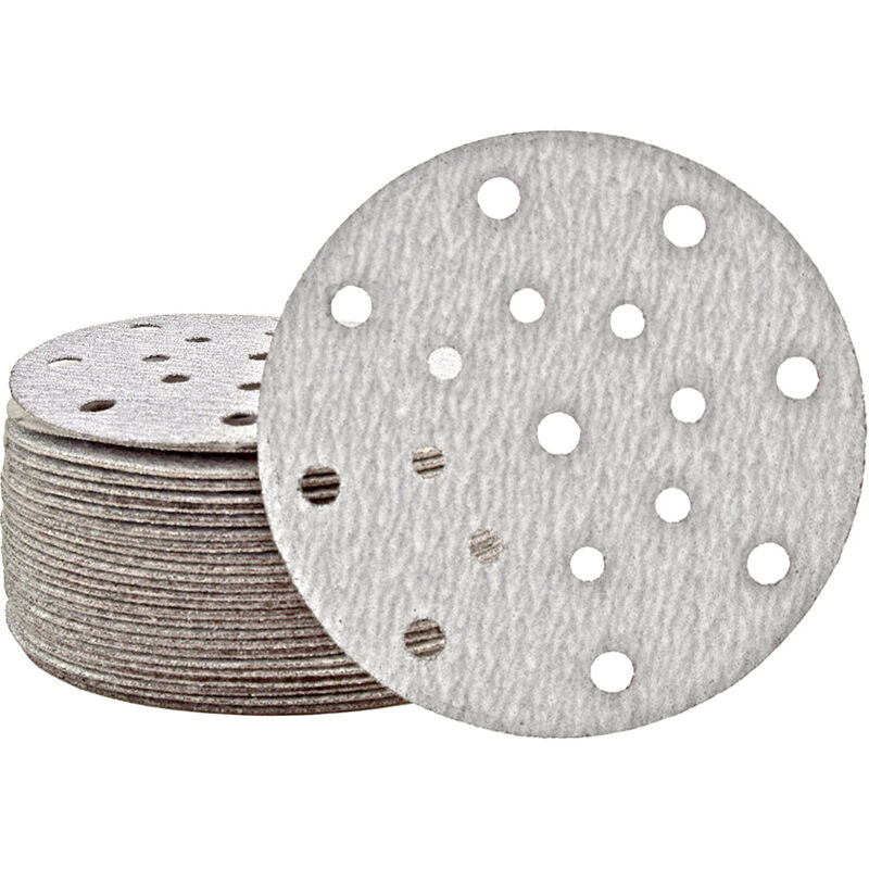 foto del prodotto miotools shark dischi abrasivi velcrati, 150 mm, 17 fori, p. levigatrici rotorbitali, corindone normale 50 pz. g80