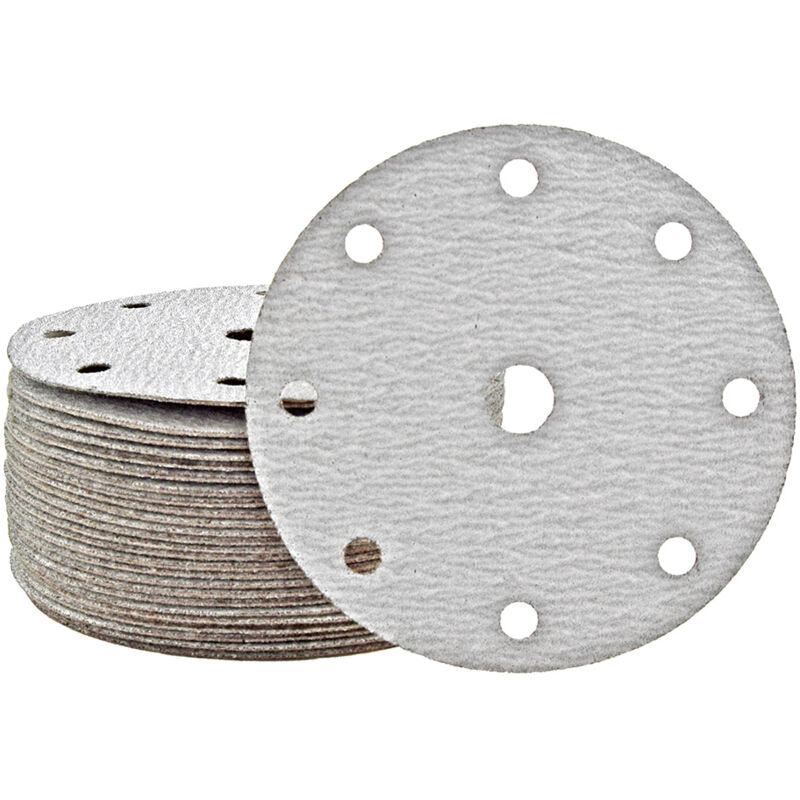 foto del prodotto miotools shark dischi abrasivi velcrati, 150 mm, 9 fori, p. levigatrici rotorbitali, corindone normale 50 pz. g100