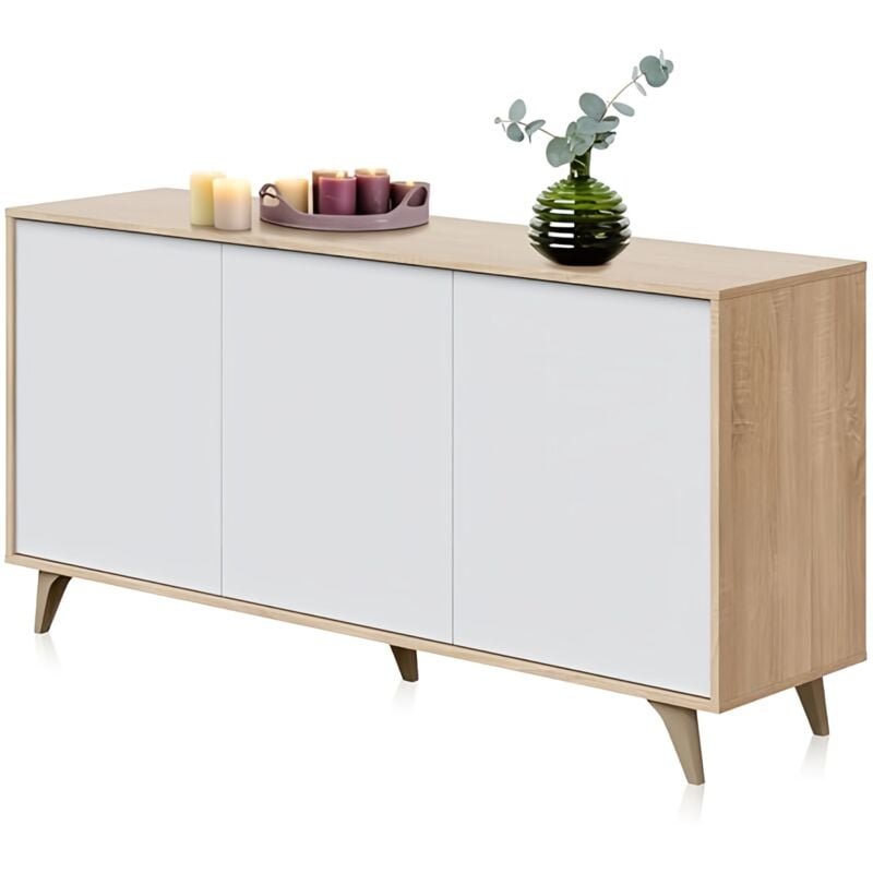 foto del prodotto mirakemueble kikua plus credenza 3 ante 154x40x75 cm rovere bianco con ripiani interni