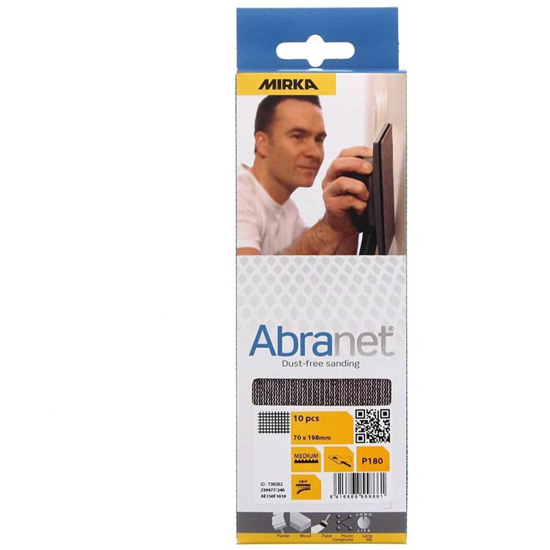 foto del prodotto mirka abranet strisce di levigatura a rete 70x198 mm a strappo grana p180 10 pz per levigare legno, stucco, vernice, plastica ae150f1018