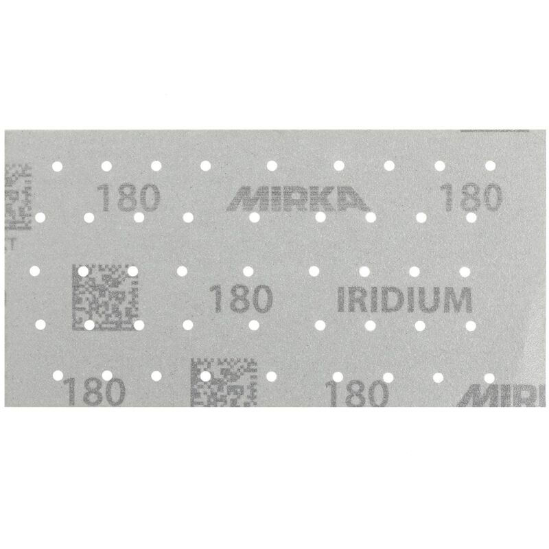 foto del prodotto mirka iridium premium carta abrasiva 93x180mm a strappo 45 fori, grana 180, 50 pz per la levigatura di vernice, stucco, fondo, legno, acciaio,