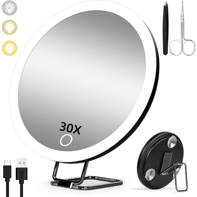foto del prodotto miroir grossissant avec lumi re 30x, 15cm 3 modes de couleur dimming miroir de maquillage lumineux 30x, grand miroir grossissant de voyage