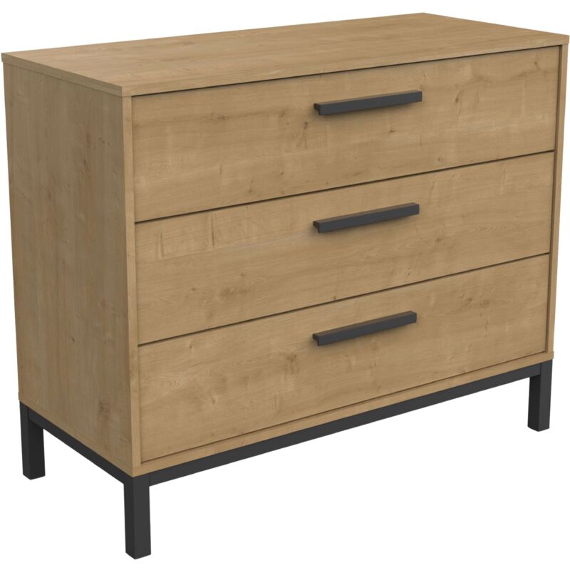 foto del prodotto miroytengo cassettiera craft in rovere hamilton e nero opaco, 3 cassetti, stile industriale, 75x40x91 cm