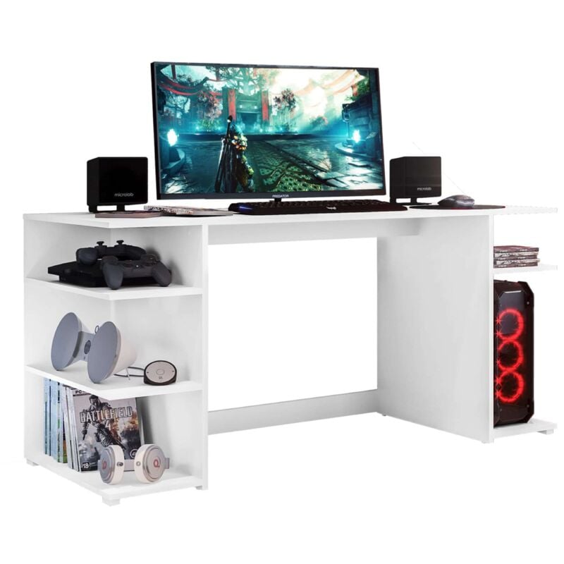 foto del prodotto miroytengo scrivania per computer da ufficio moderna tow 5h in bianco con 3 ripiani e supporto a torre