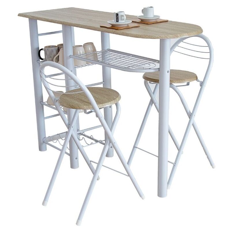 foto del prodotto miroytengo tavolo alto da cucina per ufficio in stile nordico in legno bianco e chiaro con 2 sgabelli pieghevoli 40x88x120 cm