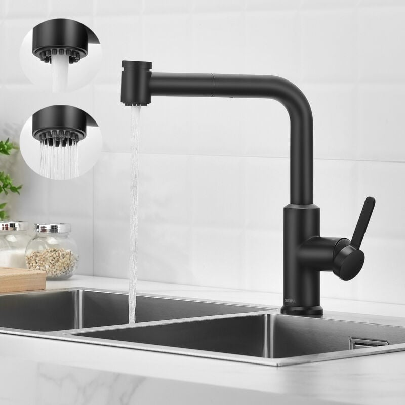 foto del prodotto miscelatore cucina estraibile con doccetta estraibile 40 cm miscelatore cucina con 2 getti miscelatore lavello acqua fredda e calda nero cecipa