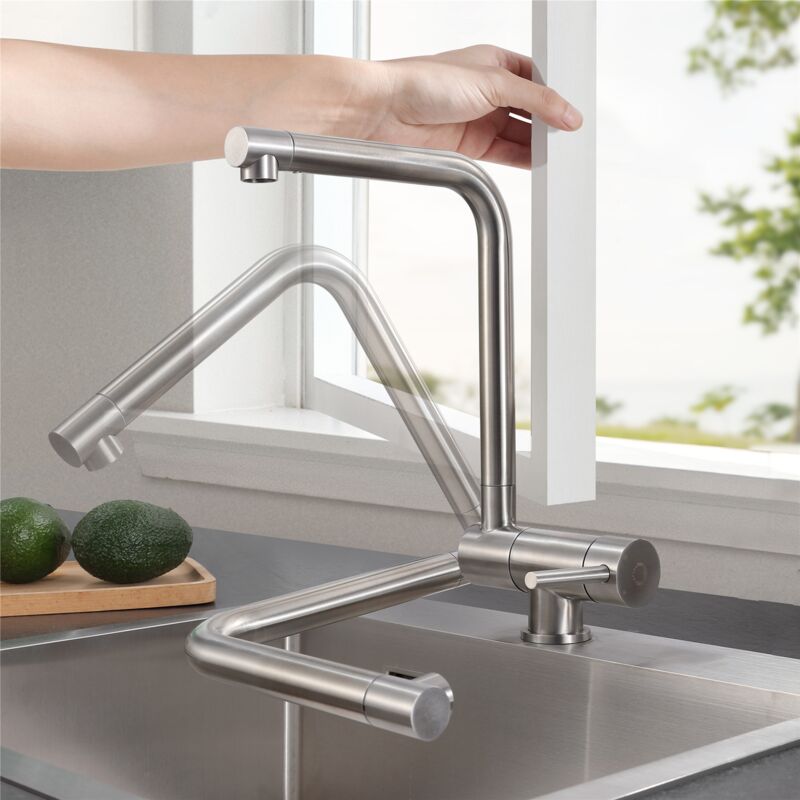 foto del prodotto miscelatore cucina girevole girevole 360 , rubinetto cucina con maniglia ripiegabile contro finestra, miscelatore lavello acciaio inox spazzolato