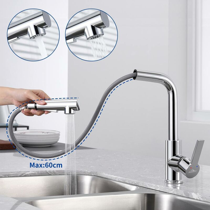 foto del prodotto miscelatore cucina rubinetto con doccetta estraibile 60cm, due uscita acqua monocomando cascata lavello ottone nero per cucina