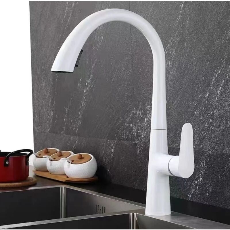 foto del prodotto miscelatore da cucina con doccetta estraibile bianco rubinetto da cucina girevole a 360 rubinetto da cucina estraibile in ottone bianco