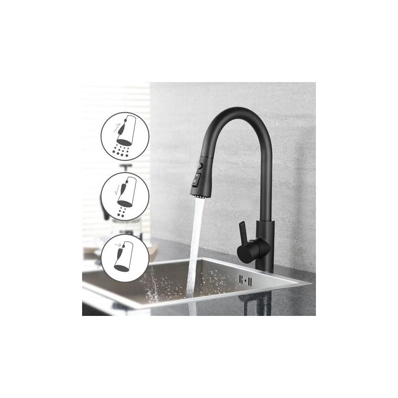 foto del prodotto miscelatore da cucina estraibile in acciaio inox, 3 modalità di getto, miscelatore da cucina o bagno girevole a 360 , nero