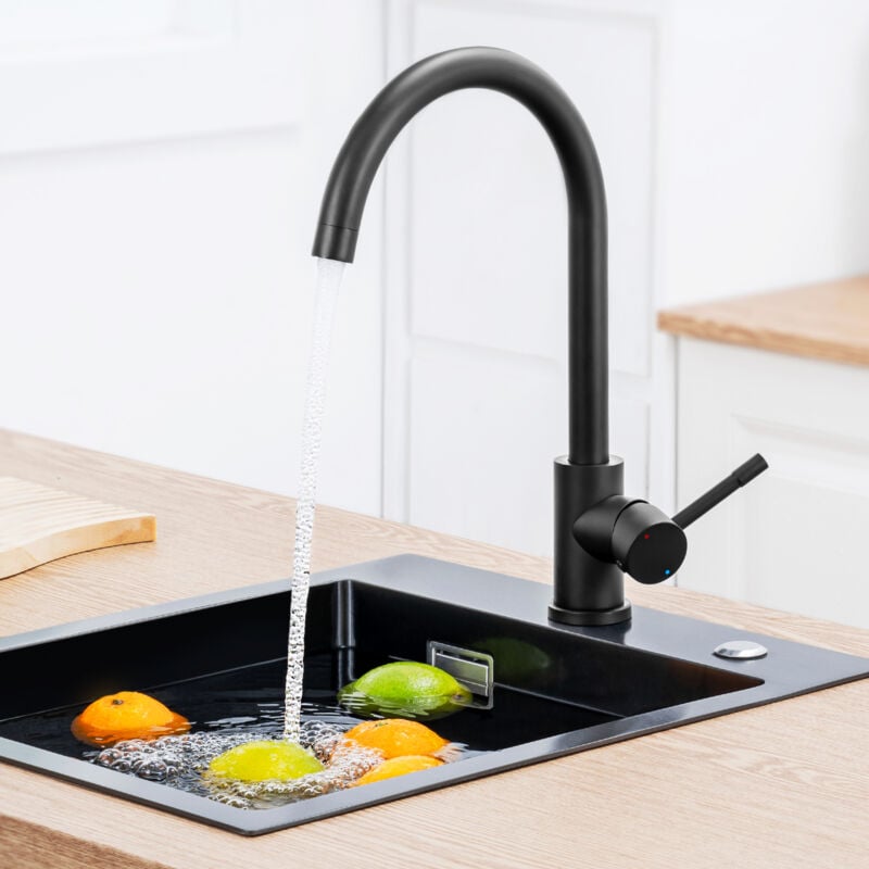 foto del prodotto miscelatore da cucina in acciaio inossidabile, rubinetto per lavello acqua calda e fredda, girevole a 360 , con gorgogliatore staccabile, nero