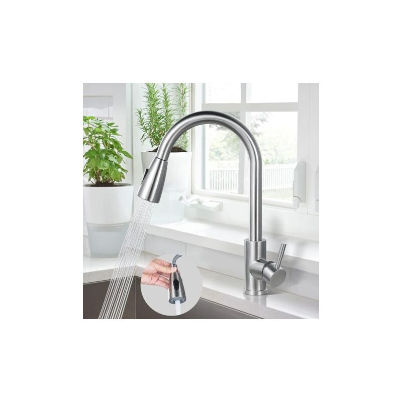 foto del prodotto miscelatore da cucina rubinetto da cucina, miscelatore per lavello in acciaio inox 304, rubinetto per lavello girevole a 360 con doccetta estraibile