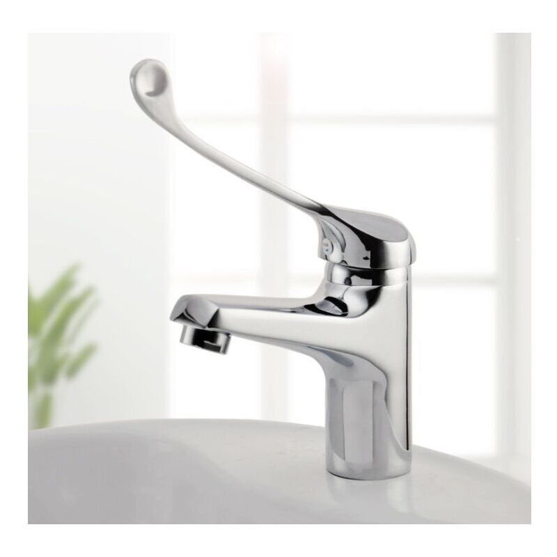 foto del prodotto miscelatore lavabo con maniglia medica, rubinetto da bagno pmr, cromato, maniglia allungata argento