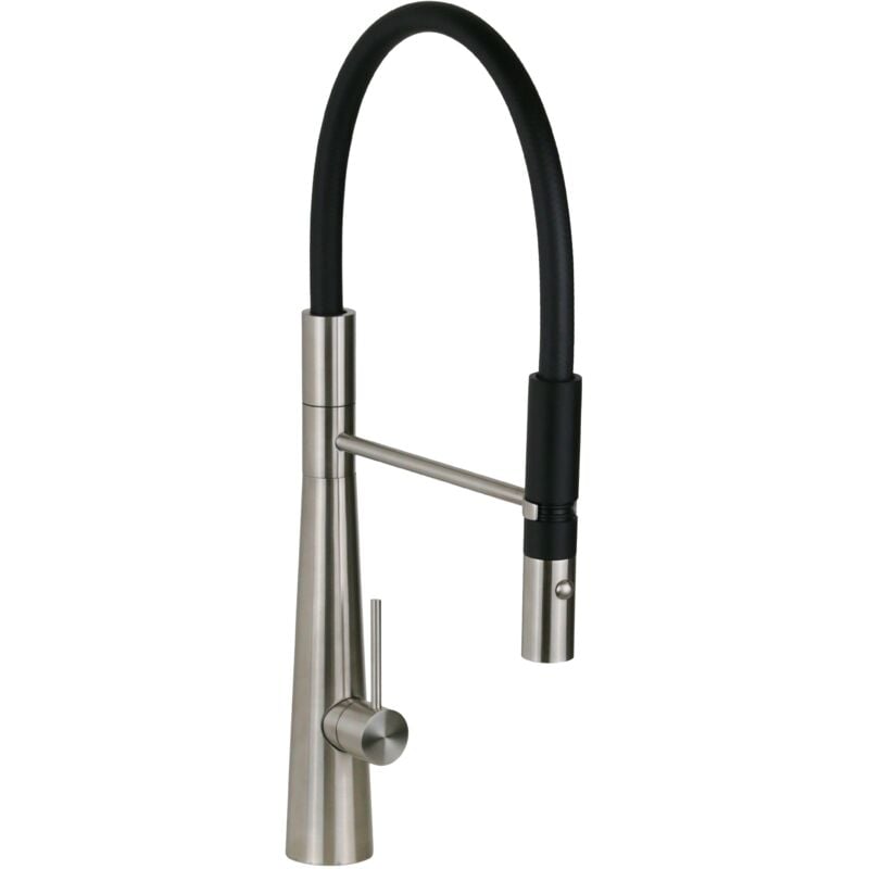 foto del prodotto miscelatore lavello cucina in acciaio inox con doccetta estraibile e canna nera pollini ak0081 acciaio inox