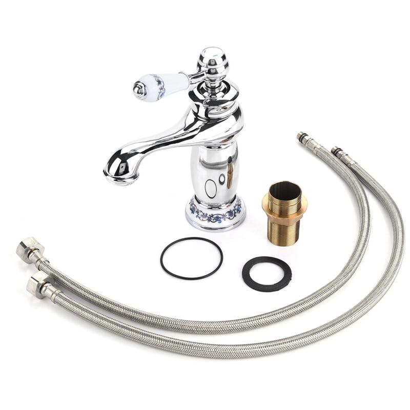 foto del prodotto miscelatore monocomando con motivo floreale, rubinetto acqua calda fredda per lavabo, lavabo cromato 