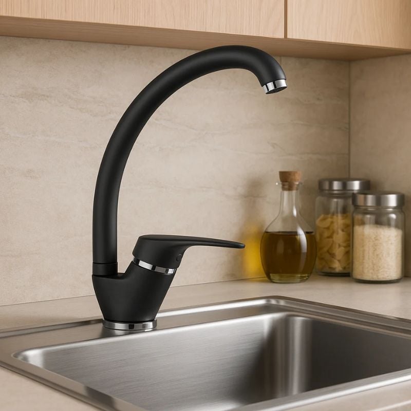 foto del prodotto miscelatore monoforo in ottone colorato per lavello cucina modello oslo erogazione orientabile finitura nero confezione 1