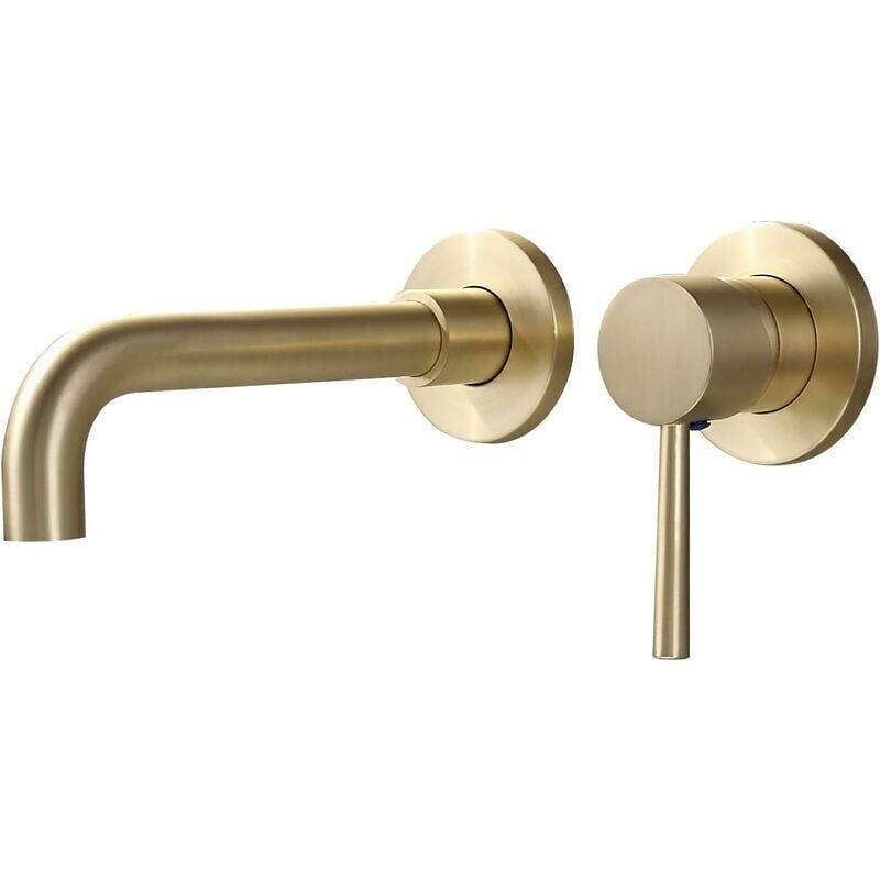 foto del prodotto miscelatore per lavabo da bagno in ottone massiccio dorato, rubinetto per lavabo a parete, miscelatore per lavabo con beccuccio girevole in ottone