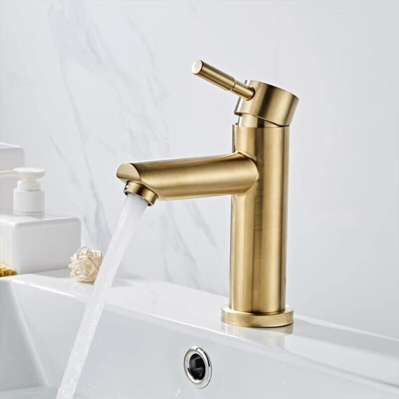 foto del prodotto miscelatore per lavabo dal design moderno ed elegante, miscelatore monocomando per lavabo in ottone dorato spazzolato, acqua calda e fredda