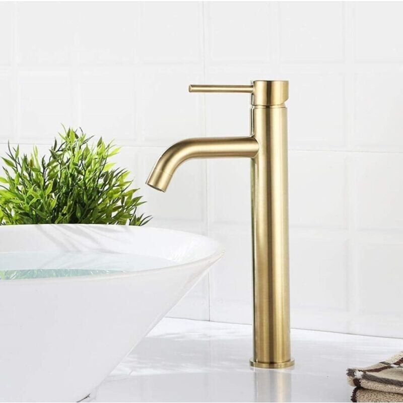 foto del prodotto miscelatore per lavabo, rubinetto monocomando, design in ottone dorato, rubinetto alto per lavello da cucina, miscelatore lava, rubinetti per acqua