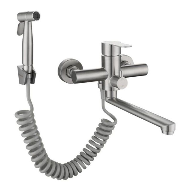 foto del prodotto miscelatore per lavello da cucina a parete, rubinetto per lavello da cucina con pistola a spruzzo e 2 ugelli, girevole a 360 