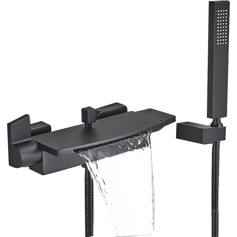 foto del prodotto miscelatore per vasca da bagno a cascata nero, rubinetto per vasca da bagno a parete per bagno, rubinetto per vasca con doccetta, piccolo miscelatore