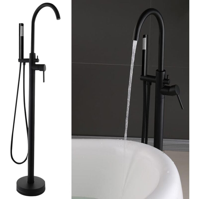 foto del prodotto miscelatore per vasca da bagno nero a cascata rubinetto autoportante con rubinetto a pavimento, doccetta opaca con due piedi da terra, set doccia
