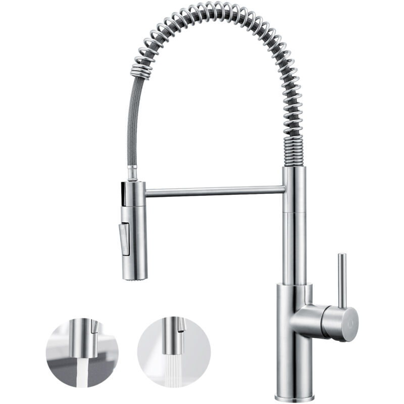 foto del prodotto miscelatore spring in acciaio inox spazzolato, miscelatore cucina spring con doccia estensibile, rubinetto lavabo girevole a 360 cecipa