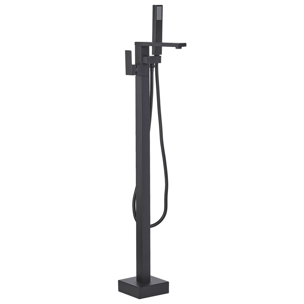 foto del prodotto miscelatore vasca da bagno freestanding kit doccia rubinetto nero montato a pavimento