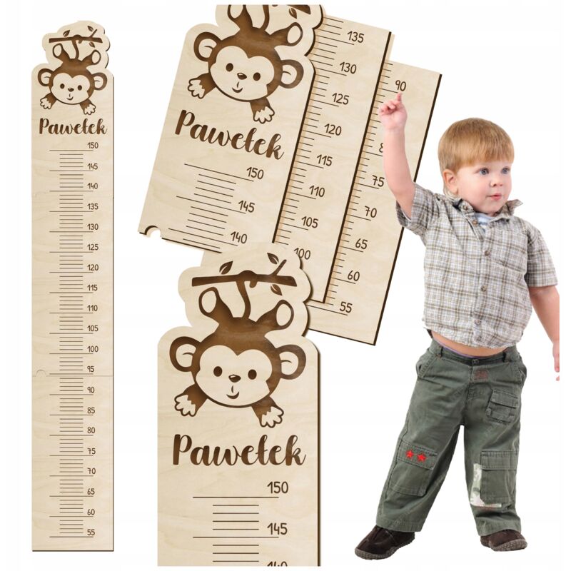 foto del prodotto misura altezza con nome da parete in legno per bambini, appesa 150 cm