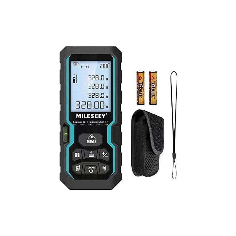 foto del prodotto misuratore di distanza laser digitale, mileseey 100 m 328 piedi misuratore laser con livello elettronico e retroilluminazione lcd, ip54 m in ft ft in