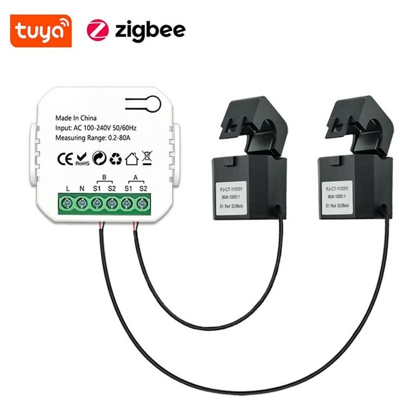 foto del prodotto misuratore di energia bidirezionale smart zigbee con pinza switch 2 pinze 80a tuya