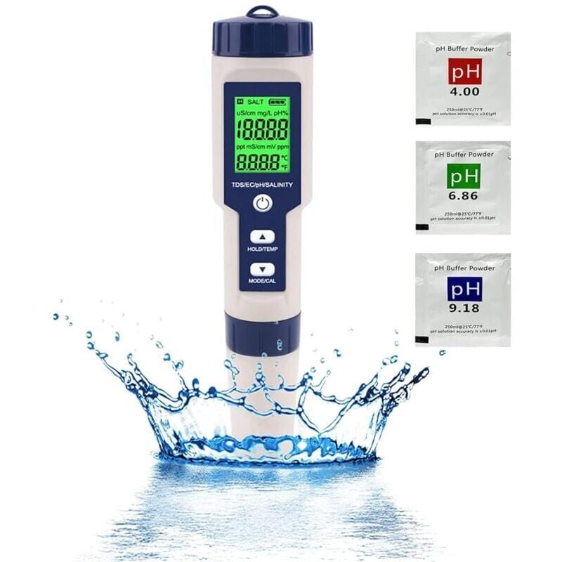 foto del prodotto misuratore di ph tester elettronico di ph, tester per acqua da piscina 5 in 1 con retroilluminazione, ph tds ec salinità temperatura con atc,