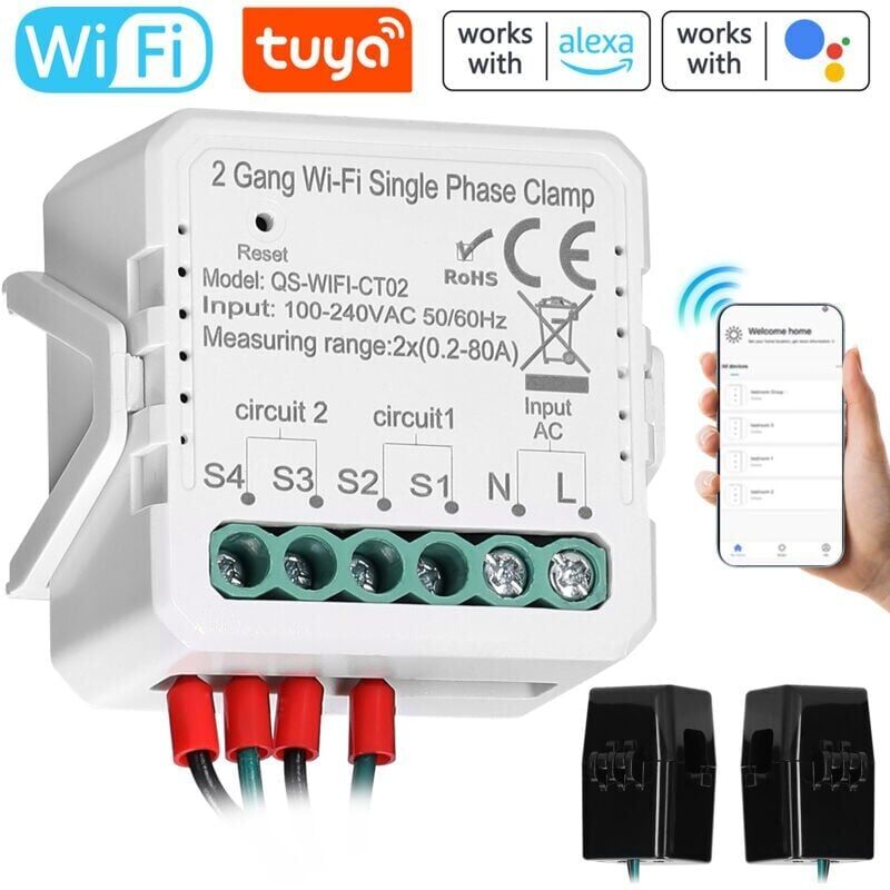 foto del prodotto misuratore di potenza solare fotovoltaica monofase a pinza a 2 ingressi da 80 a con wi fi, controllo tramite app mobile, trasformatore di corrente,