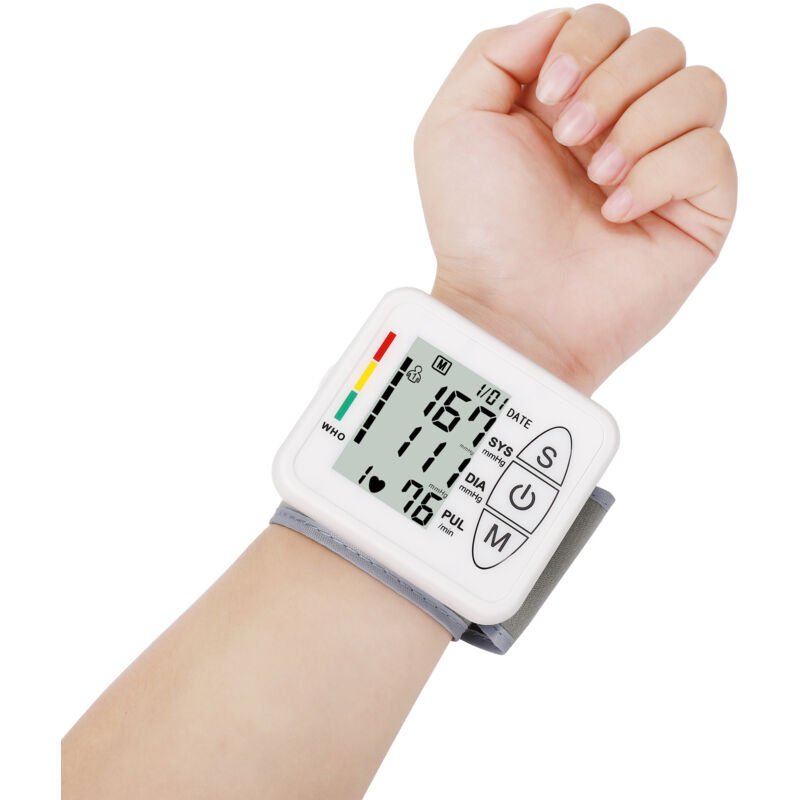 foto del prodotto misuratore di pressione sanguigna da polso rilevamento aritmie, ampio display lcd retroilluminato, guida vocale intelligente, modalit doppio