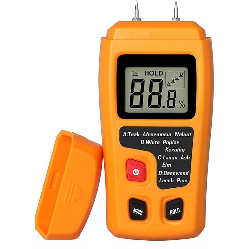 foto del prodotto misuratore di umidit digitale, tester di umidit , tipo penna, display lcd con retroilluminazione e avvisi acustici e visivi per umidit alta, media