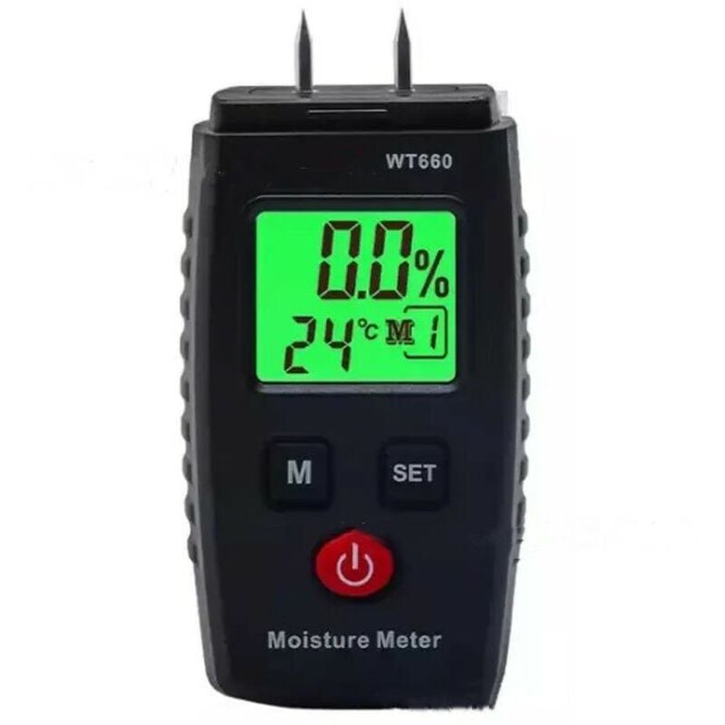foto del prodotto misuratore di umidit , rilevatore di umidit a spillo con 3 modalit , display lcd con retroilluminazione verde, rilevatore di muffa per legno e