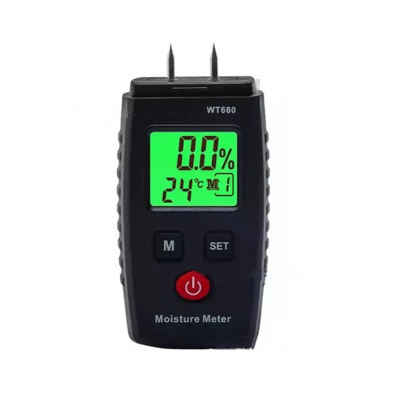 foto del prodotto misuratore di umidit , rilevatore di umidit a spillo con 3 modalit , display lcd con retroilluminazione verde, rilevatore di muffa per legno e