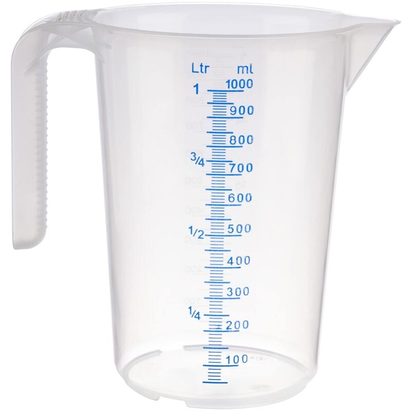foto del prodotto misurino da 1 litro, diametro 12 x altezza 16,5 cm, bicchiere in plastica con scala esterna in rilievo, manico aperto, graduazione l ml, lavabile in