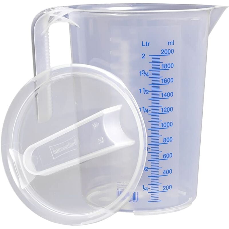 foto del prodotto misurino in plastica 2l con coperchio polipropilene pp infrangibile e lavabile in lavastoviglie manico aperto scala blu h nersdorff