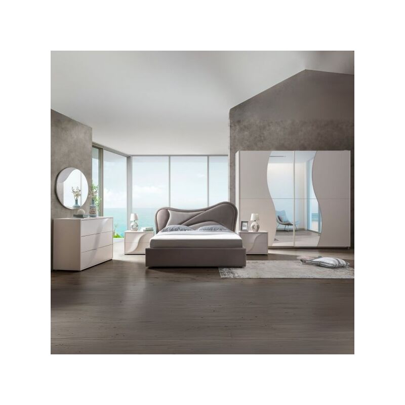 foto del prodotto mitepek camera da letto blegina colore cashmere con armadio 2 ante scorrevoli e letto matrimoniale imbottito