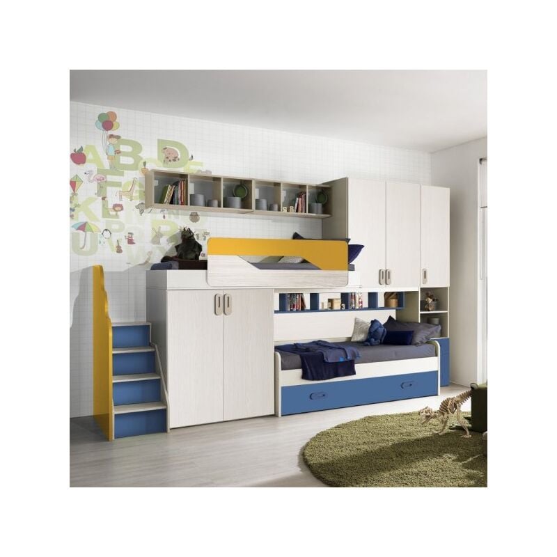 foto del prodotto mitepek cameretta soppalco milly con 3 letti colore kiri avio giallo
